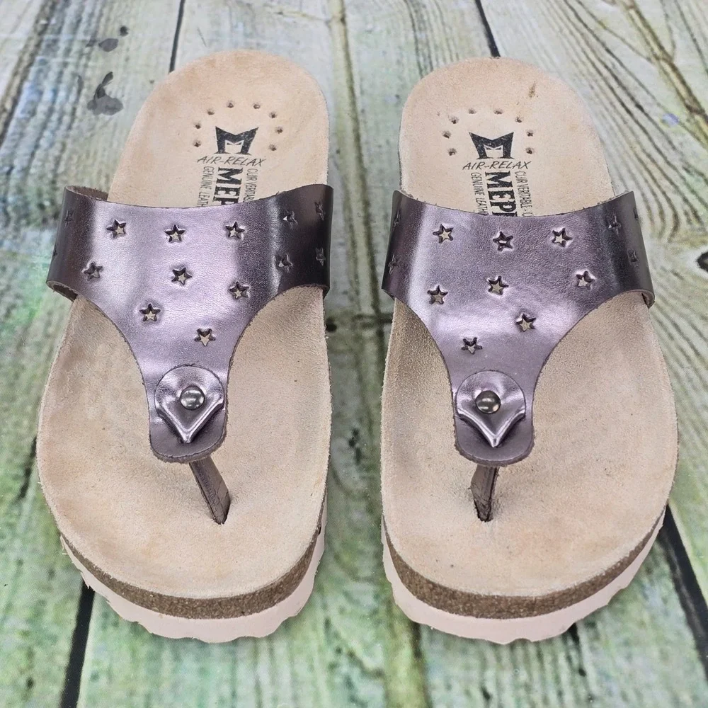 Mephisto Nikie Star Sandals Womens 35 5 Metallic Pewter Leather Cork Thong Slide
